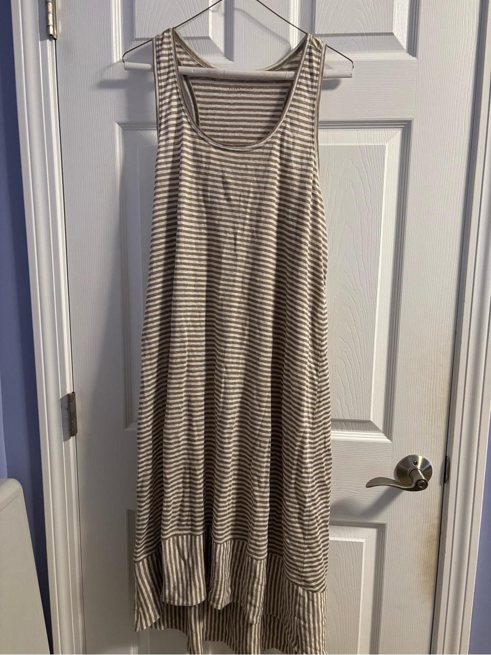 Eileen Fisher Taupe & White Striped Sleeveless Midi Dress